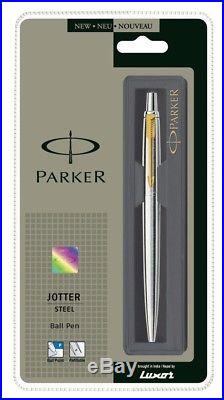 Parker Jotter SS Steel GT Gold Trim Ball Point Pen Fine Nib 0.8mm Blue Ink New 