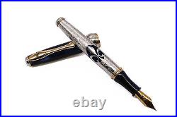 Alma Mater Fountain Pen Solid Silver Deep Blue Cap Fine Nib Black Ink