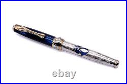 Alma Mater Fountain Pen Solid Silver Deep Blue Cap Fine Nib Black Ink