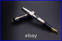 Alma Mater Fountain Pen Solid Silver Deep Blue Cap Fine Nib Black Ink