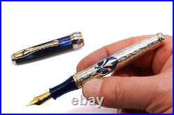 Alma Mater Fountain Pen Solid Silver Deep Blue Cap Fine Nib Black Ink