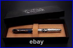 Alma Mater Fountain Pen Solid Silver Deep Blue Cap Fine Nib Black Ink