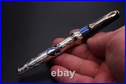 Alma Mater Fountain Pen Solid Silver Deep Blue Cap Fine Nib Black Ink