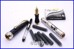 Alma Mater Fountain Pen Solid Silver Deep Blue Cap Fine Nib Black Ink