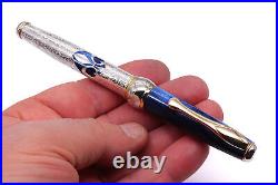 Alma Mater Fountain Pen Solid Silver Deep Blue Cap Fine Nib Black Ink