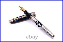 Alma Mater Fountain Pen Solid Silver Deep Blue Cap Fine Nib Black Ink