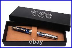 Alma Mater Fountain Pen Solid Silver Deep Blue Cap Fine Nib Black Ink