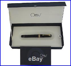 Omas Milord Black & Gold Fine Point 18kt Gold Fountain Pen New In Box