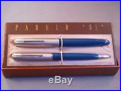 Parker 51 Blue Chrome Cap Fountain Pen and Pencil Set -working- fine point
