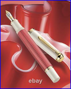 Pelikan Souveran M600 Fountain Pen Red White Gold Trim Fine Point NEW