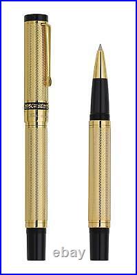 Tribune Rollerball Pen, Fine Point. 18K Gold Plated Brass. Diamond-Cut Guillo