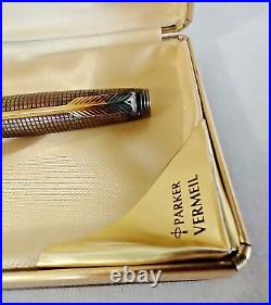 Vtg Parker Sterling Vermeil Fountain Pen Fine 14K Gold Point withCase BLUE PATINA