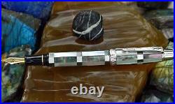 Xezo Maestro Black/White MOP 18K Gold Fine Nib Fountain Pen, Platinum Plated. LE